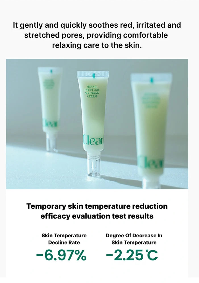 Three tubes of Clear Skin Temperature Reducing Cream arranged on a light surface, with promotional text above and below describing skin benefits and temperature reduction results.