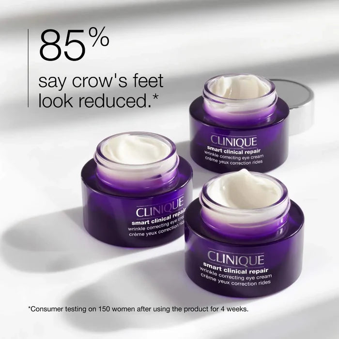Clinique Smart Clinical Repair eye cream in 15ml jar, featuring smooth, hydrating formula for wrinkle correction and brightening.