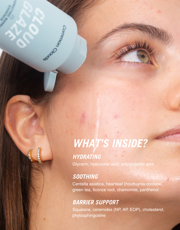 Close-up of a woman's face with a skincare product being applied, showing text about product ingredients.