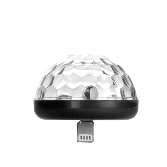 Phone disco light with silver disco-ball top, black base, lightning plug