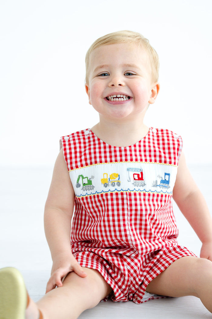 Baby & Toddler Boys Red Gingham Hand-Smocked Construction Trucks Jon Jon – Excavator, Dump Truck, Crane & Bulldozer – Birthday & Spring Event Outfit – Sizes 3M–4T