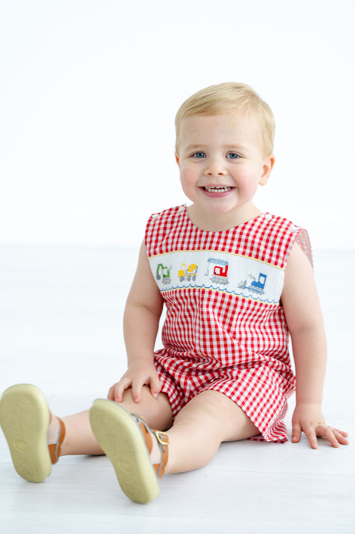Boys Heirloom Smocked Construction Trucks Jon Jon – Red Gingham with Hand-Smocked Excavator, Dump Truck & Crane – Pairs with Peter Pan Collar Shirt – Sizes 3M–4T