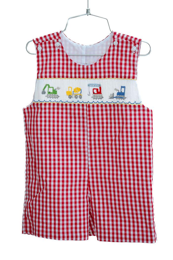 Baby & Toddler Boys Classic Red Gingham Smocked Construction Vehicles Jon Jon – Construction Birthday Party & Spring Celebration Outfit – Sizes 3M–4T