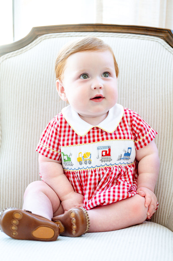 Newborn & Baby Boys Red Gingham Hand-Smocked Construction Trucks Bubble – Excavator, Dump Truck, Crane & Bulldozer – First Birthday & Spring Event Outfit – Sizes NB–3T
