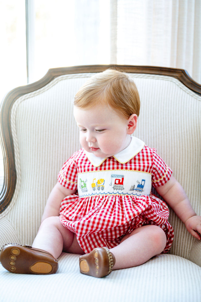 Baby Boys Heirloom Smocked Construction Trucks One-Piece Bubble – Red Gingham with Hand-Smocked Construction Vehicles – First Birthday, Father's Day & Special Occasions – Sizes NB–3T