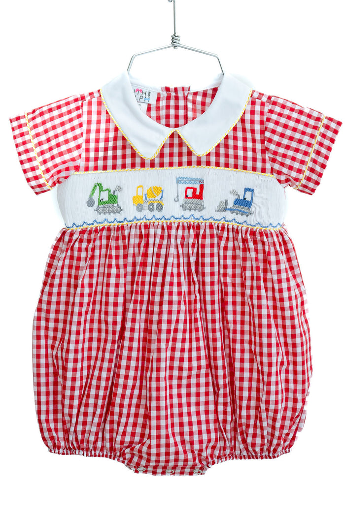 Newborn to Toddler Boys Classic Red Gingham Smocked Construction Vehicles Bubble – Construction Themed Birthday Party & Spring Celebration Outfit – Sizes NB–3T