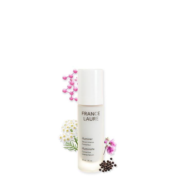 France Laure Illuminate Corrective Intense Serum bottle with white flowers, pink blooms, and molecular graphic, 30ml skincare product