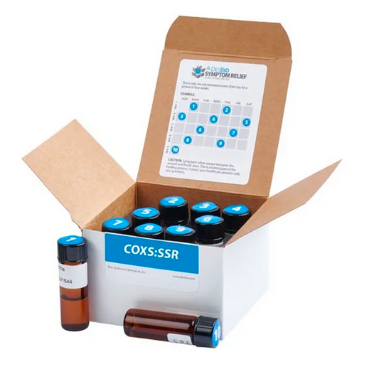 COXS:SSR (formerly Coxsackie Series Therapy) by DesBio for the temporary relief of symptoms related to Coxsackie presence including fatigue, joint pain, and headaches.