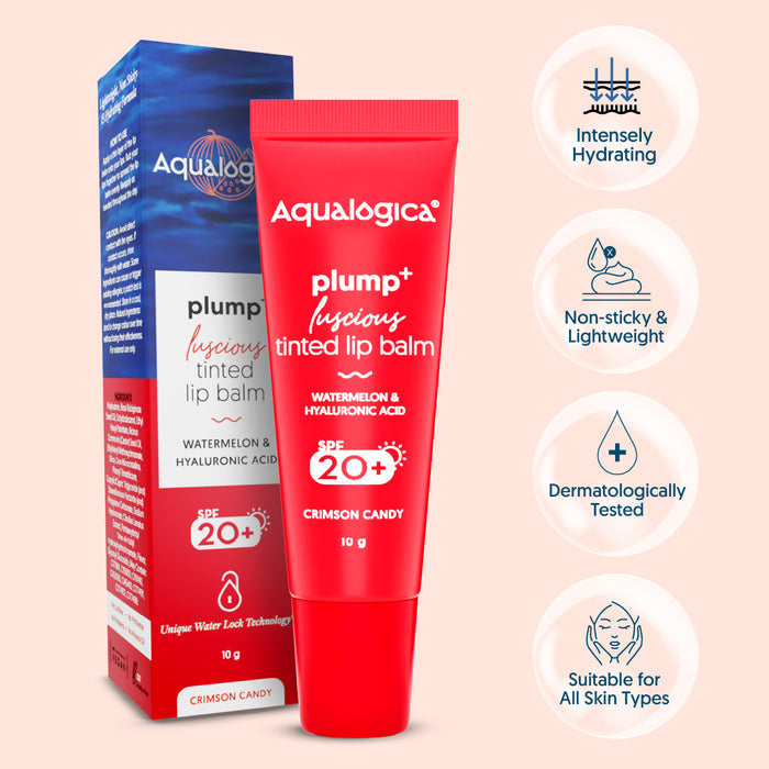 Crimson Candy Plump+ Luscious Tinted SPF 20+ Lip Balm with Watermelon & Hyaluronic Acid - 10g