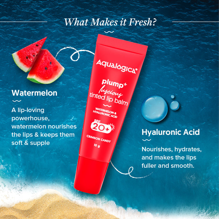 Crimson Candy Plump+ Luscious Tinted SPF 20+ Lip Balm with Watermelon & Hyaluronic Acid - 10g