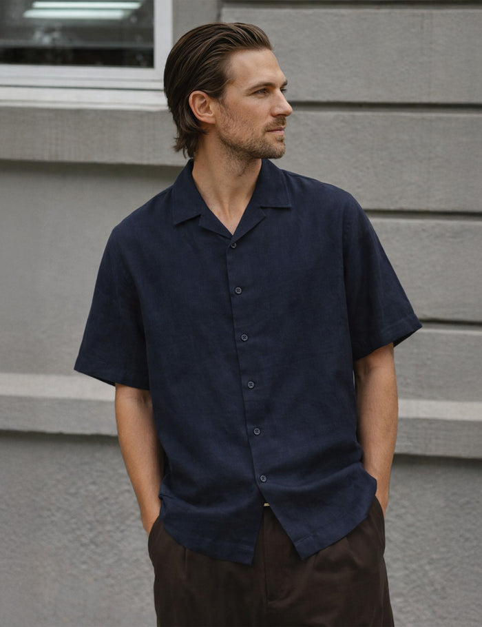 Cuban Linen Short Sleeve Shirt - Navy