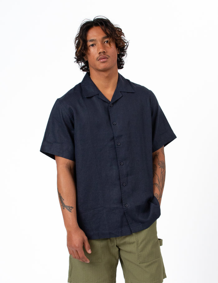 Cuban Linen Short Sleeve Shirt - Navy