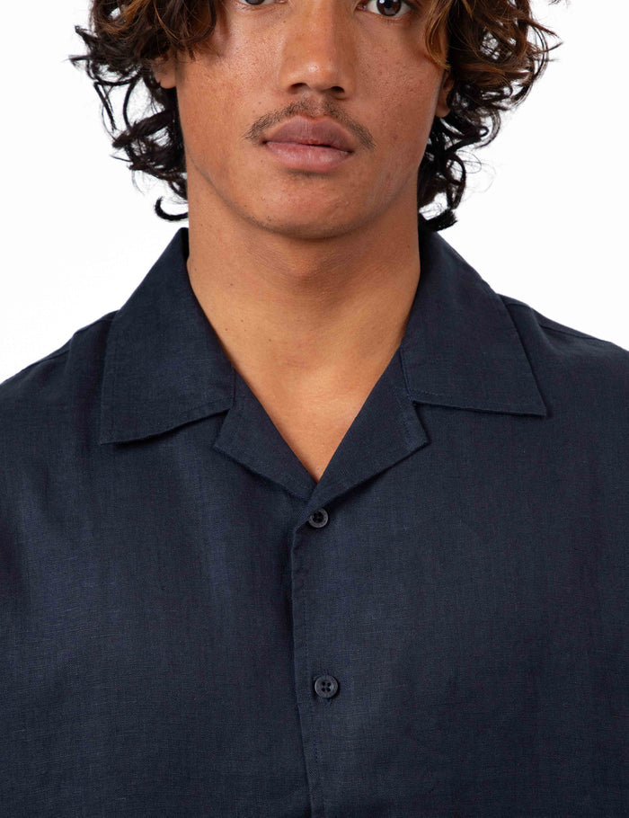 Cuban Linen Short Sleeve Shirt - Navy