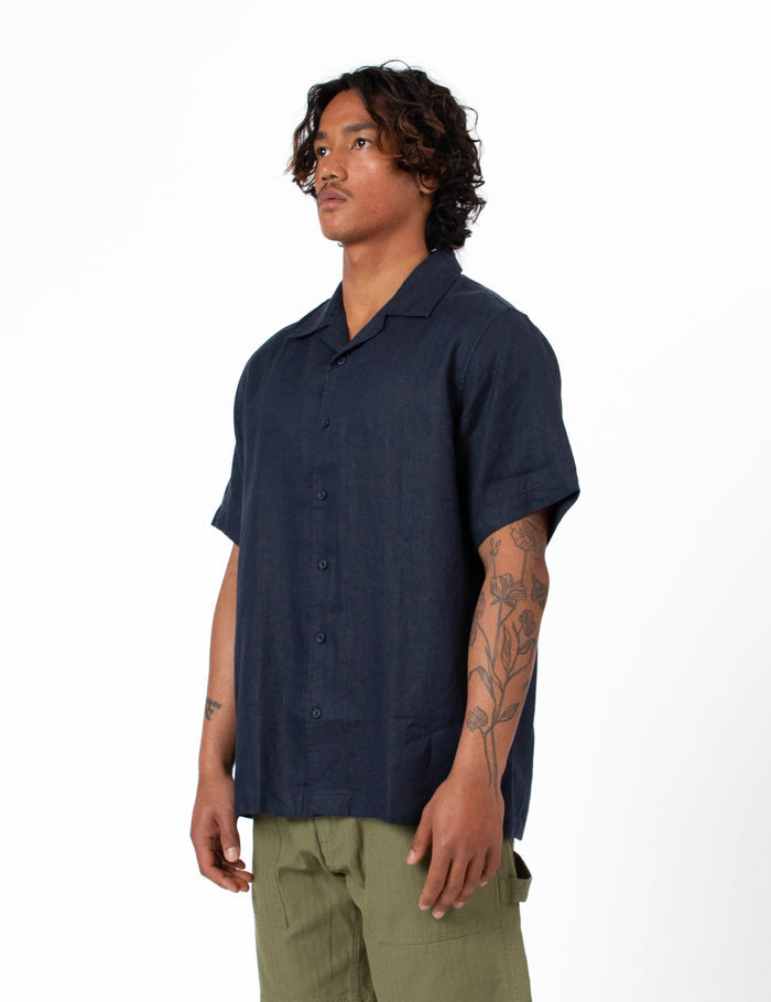Cuban Linen Short Sleeve Shirt - Navy