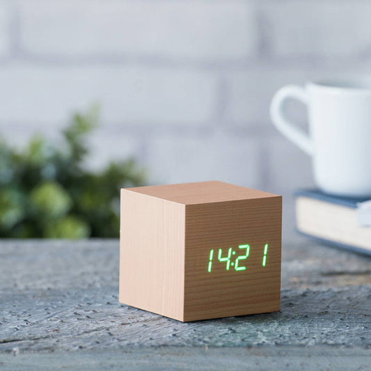 Beech wooden cube clock with green LED display, time 14:21