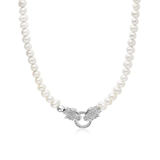 Cultured Freshwater Pearls (Approx. 6–7mm) Necklace with Double Panther Head