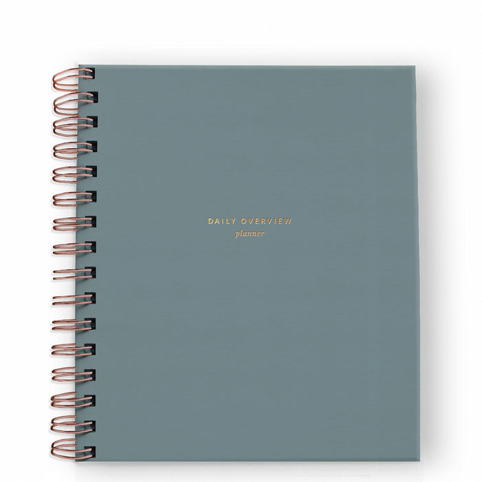 Steel blue spiral-bound daily overview planner with black coil rings