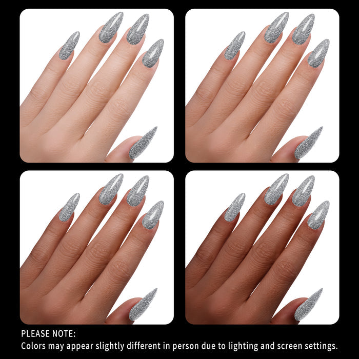 Four views of a hand with silver glittery nail tips on a white background.