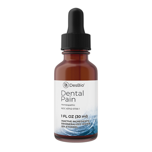 Dental Pain by Desbio for the relief of symptoms related to dental pain such as, sensitive teeth, cramping of jaw, generalized dental discomfort, sensitivity to temperature, brushing or salivation.