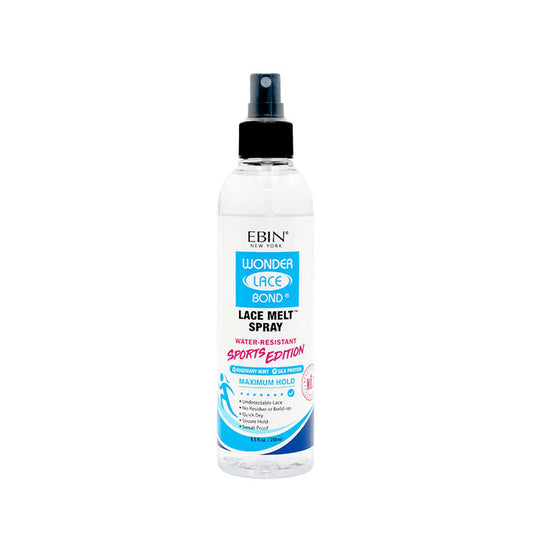 EBIN Wonder Lace Bond lace melt spray for wigs clear bottle with blue label and black spray nozzle