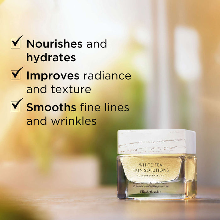 Elizabeth Arden White Tea Skin Solutions Replenishing Micro-Gel Cream in 50ml jar, new, with white packaging and textured lid.