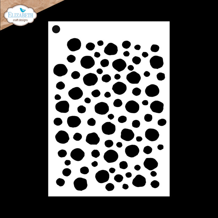 Elizabeth Craft - Stencil - Journal Stencils 11. Measuring approx. 5.9" x 8.7". Available at Embellish Away in Bowmanville Ontario Canada. Off circles of different sizes. Geometric spacing.