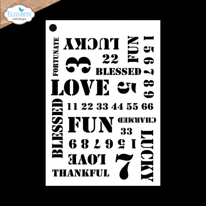 Elizabeth Craft - Stencil - Journal Stencils 11. Measuring approx. 5.9" x 8.7". Available at Embellish Away in Bowmanville Ontario Canada. Words: Love, Fun, Lucky, Blessed and Numbers.