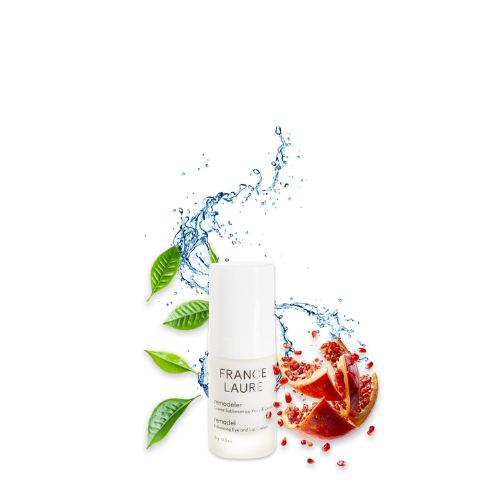 France Laure Remodel Enhancing Eye and Lip Cream with pomegranate extract and green tea leaves, surrounded by water splash for hydration