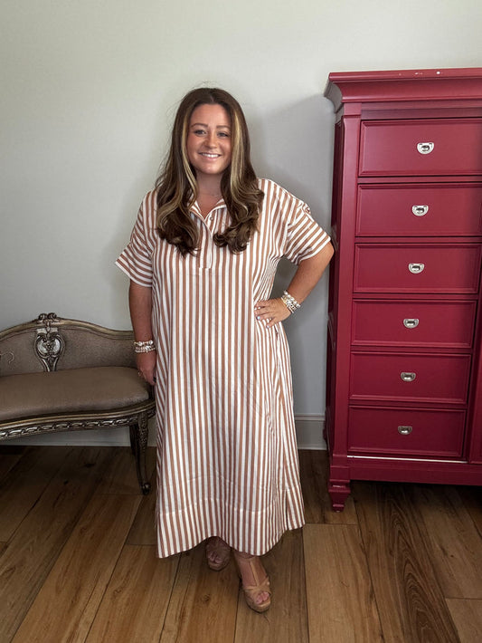 Entro Taupe Striped Midi Dress