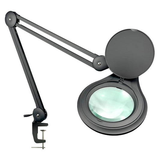 ESD 3 Diopter (1.75X) LED Magnifying Lamp with Clamp - 5-inch Glass Lens and Flip Cover, SKU MG16303122, three quarter front view