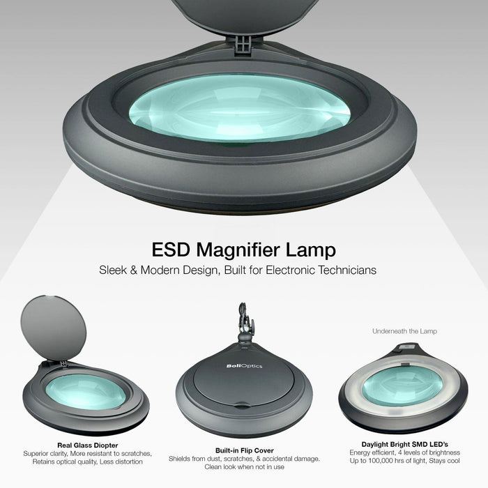 ESD 5 Diopter (2.25X) LED Magnifying Lamp with Clamp - 5 inch Lens and Flip Cover