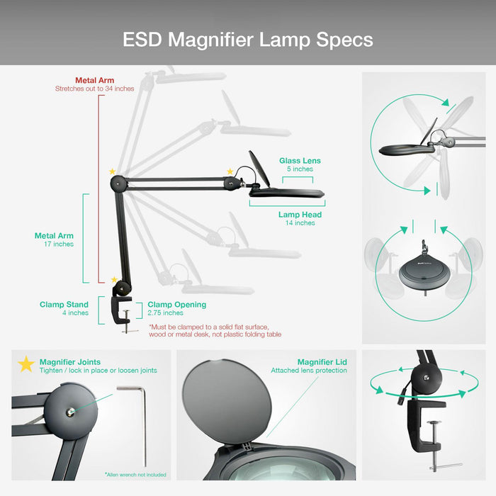 ESD 8 Diopter (3X) LED Magnifying Lamp with Clamp - 5-inch Glass Lens and Flip Cover