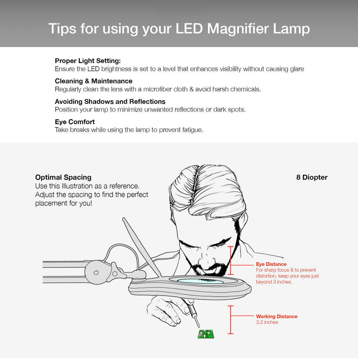 ESD 8 Diopter (3X) LED Magnifying Lamp with Clamp - 5-inch Glass Lens and Flip Cover