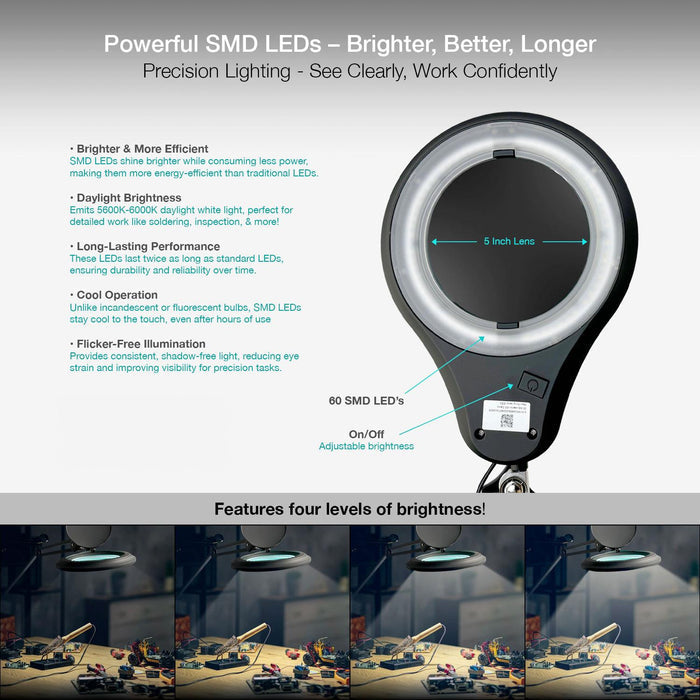 ESD 8 Diopter (3X) LED Magnifying Lamp with Clamp - 5-inch Glass Lens and Flip Cover