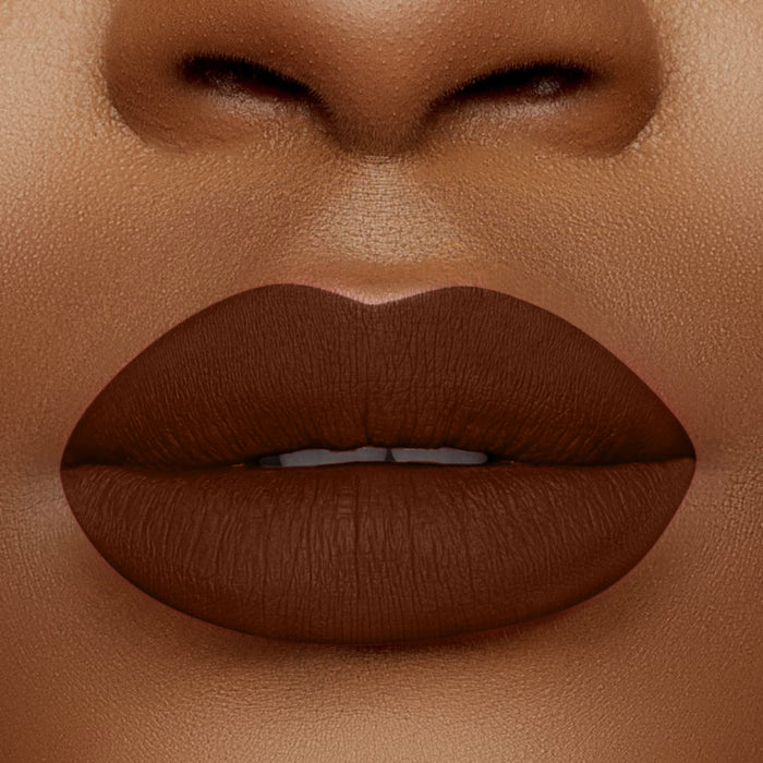 Close up of Pink Lipps Everlasting Matte Liquid Lipstick Don on lips for medium to deep skin tone