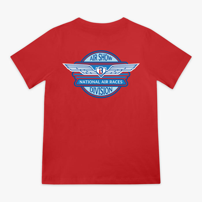 Red youth short sleeve tee with Air Show National Air Races Division winged badge graphic on left chest on white background
