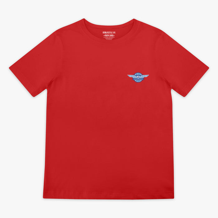Red youth short sleeve tee with large Air Show National Air Races Division winged circle badge in blue and white on white background