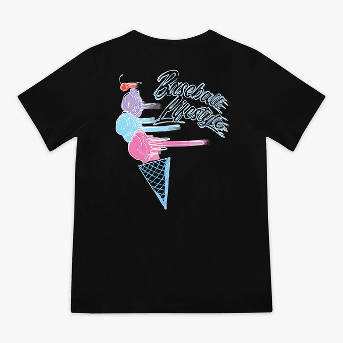 Youth model wearing black Fastball Scoops youth graphic tee