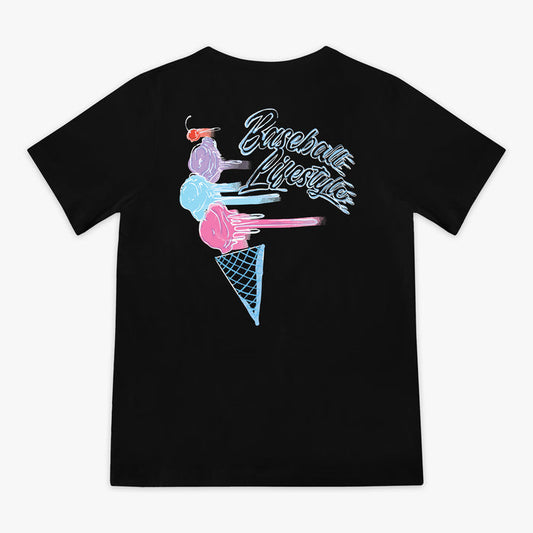 Youth model wearing black Fastball Scoops youth graphic tee