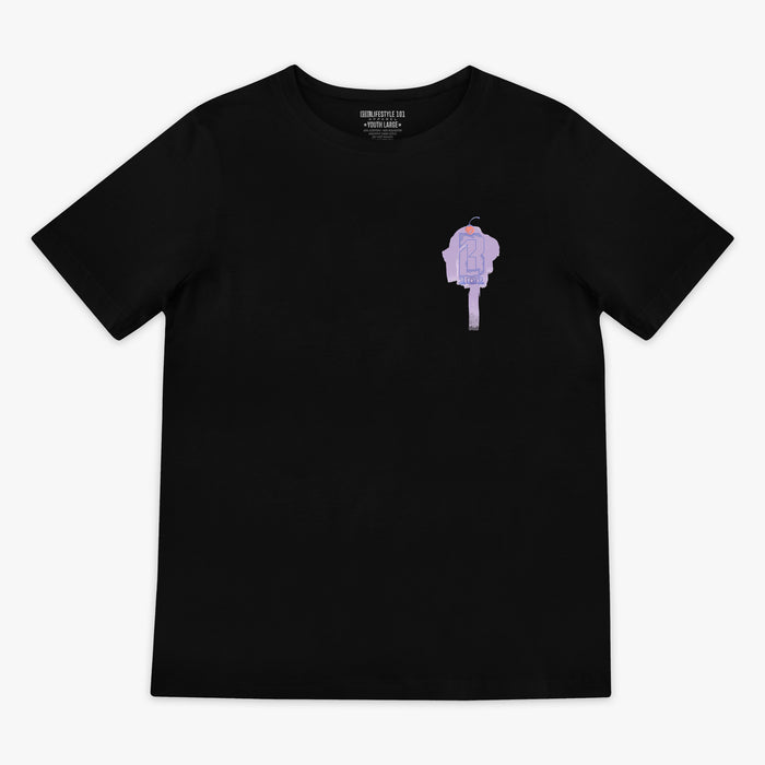 Youth model wearing black Fastball Scoops youth graphic tee