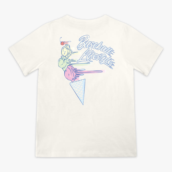 Youth model wearing cream Fastball Scoops youth graphic tee