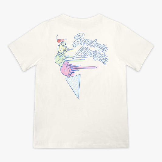Youth model wearing cream Fastball Scoops youth graphic tee