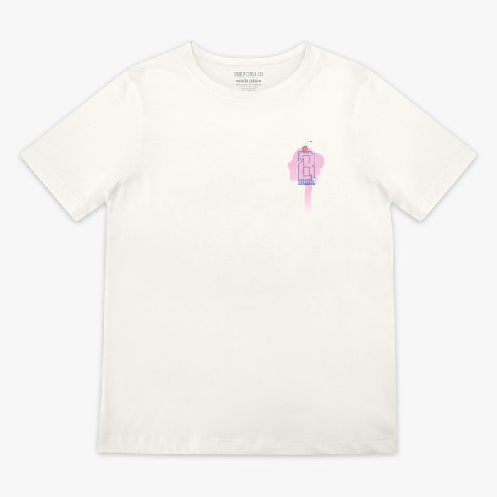 Youth model wearing cream Fastball Scoops youth graphic tee