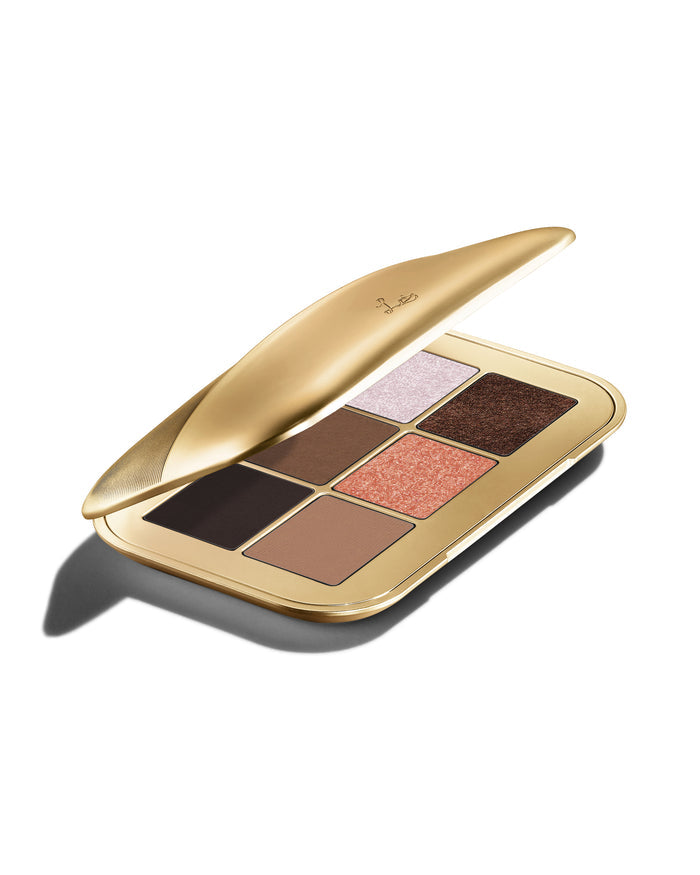 Fawn Eyeshadow Palette from the side, showing the luxurious casing in gold colour and all 6 shades inside the Palette