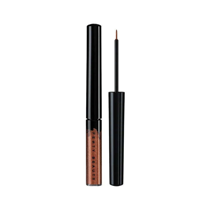 Fenty Beauty Glitty Lid Shimmer Liquid Eyeliner in two shades, featuring a shimmering, liquid formula with a sleek applicator brush.