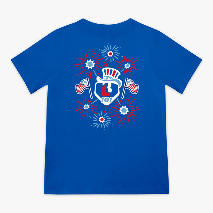4th of July blue baseball youth tee fireworks and American flag graphic shirt