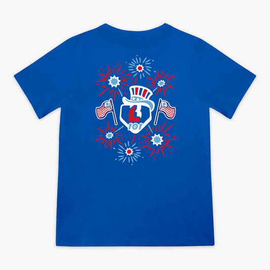 4th of July blue baseball youth tee fireworks and American flag graphic shirt