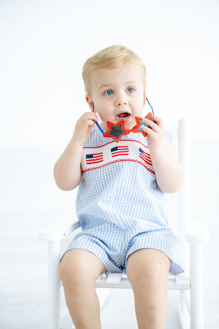 Baby & Toddler Boys Blue & White Windowpane Plaid Hand-Smocked American Flags Jon Jon – 4th of July & Patriotic Outfit – Sizes 3M–4T