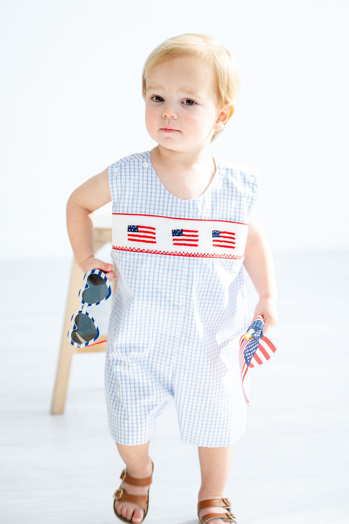 Boys Hand-Smocked American Flag Jon Jon – Blue & White Plaid – Fourth of July, Memorial Day & Summer Cookouts – Sizes 3M–4T