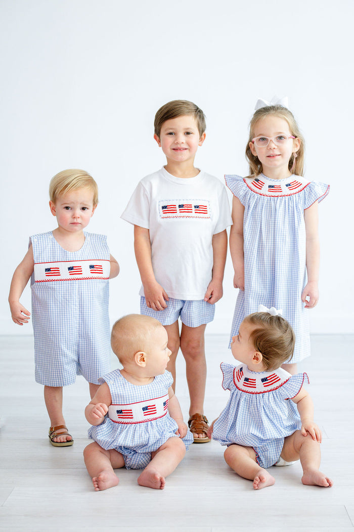 Baby & Toddler Boys Patriotic Smocked Jon Jon – Blue Windowpane Plaid with American Flags – 4th of July Parade & Holiday Outfit – 3M–4T